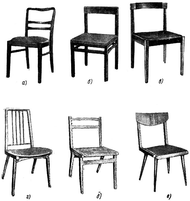 Рис. 156. Столярные стулья: а-в - с цельными задними ножками, г-е - с подсадными задними ножками