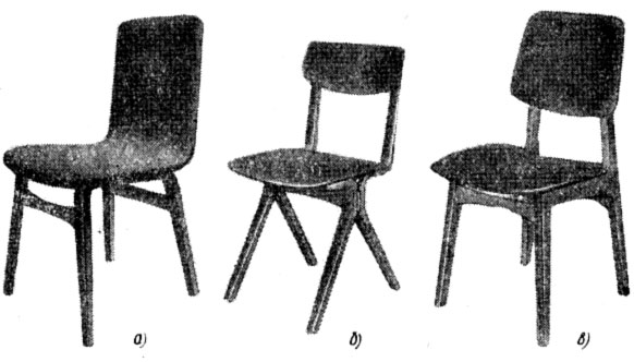 Рис. 162. Выклейные стулья: а, б - изготовленные из гнутовыклейных элементов, в - с применением плосковыклейных боковин