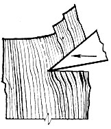 Рис. 12. Схема резания древесины в торец с образованием трещин под поверхностью резания