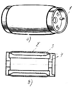 Рис. 73. Надувной цилиндр: а - общий вид, б - схема устройства; 1 - клапан, 2 - резиновый рукав, 3 - стакан, 4 - фланец
