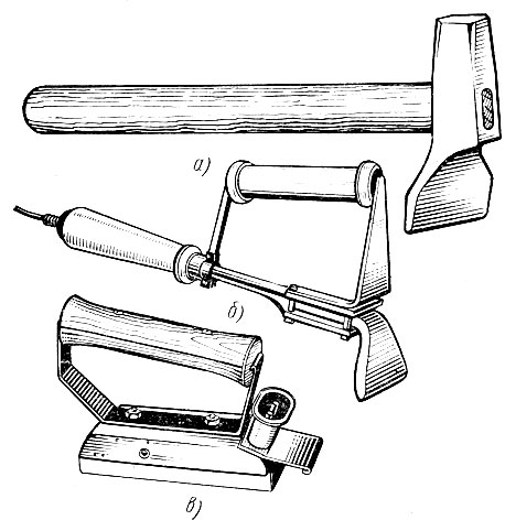 Рис. 111. Инструменты для облицовывания впритирку: а - притирочный молоток без подогрева, б - притирочный молоток с электроподогревом, в - электроутюг