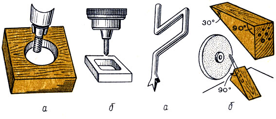 Рис. 31. Коловорот из проволоки (А) и приспособление для заточки сверл на наждаке с помощью деревянной колодки (Б)