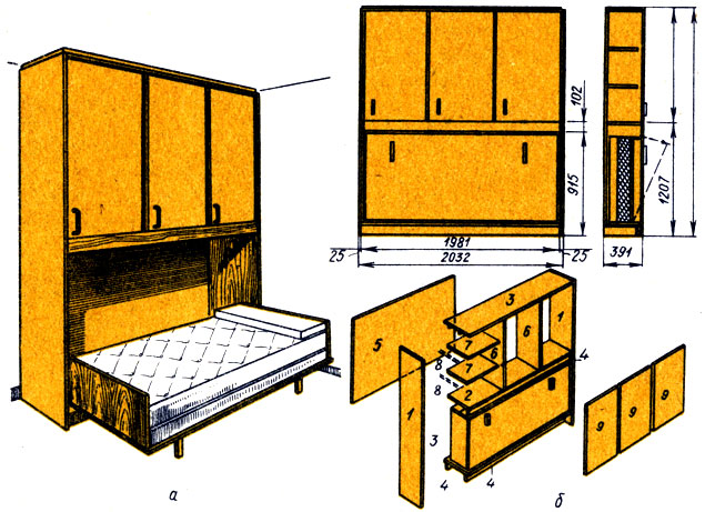 Рис. 60. Шкаф со встроенной откидной кроватью (А) и принципиальная конструктивная схема и основные формообразующие элементы (Б). Цифрами обозначены номера деталей, спецификация которых приведена в табл. 7