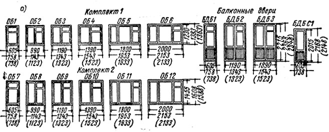 Рис. 2, а. Оконные блоки с двойными переплетами и балконные двери без наплава и с наплавом (серия I)