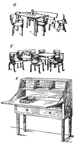 Рис. 51. Детская мебель: а - стел, стулья  и диван из гнутопропильных дрелей; б - стол, стулья, кресло и диван из гнутоклееных деталей; в - шкаф-секретер