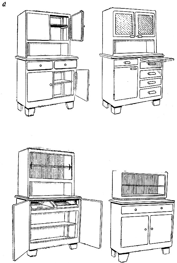 Рис. 30. Кухонные буфеты: а - варианты; б - основные размеры: в - каркас верхней части; г - внутреннее оборудование